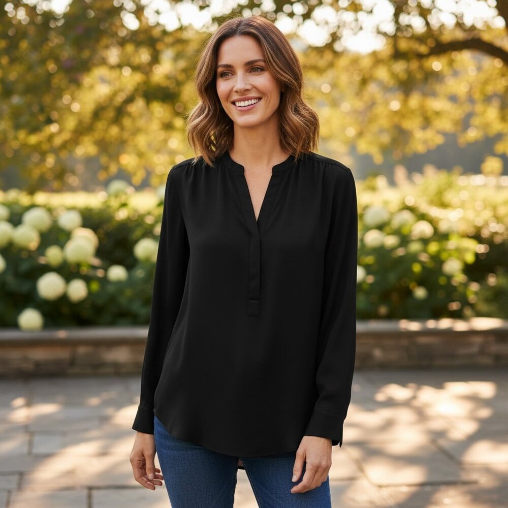 J Crew Women's Long Sleeve‎ Popover Top Sz 4 Black #85N